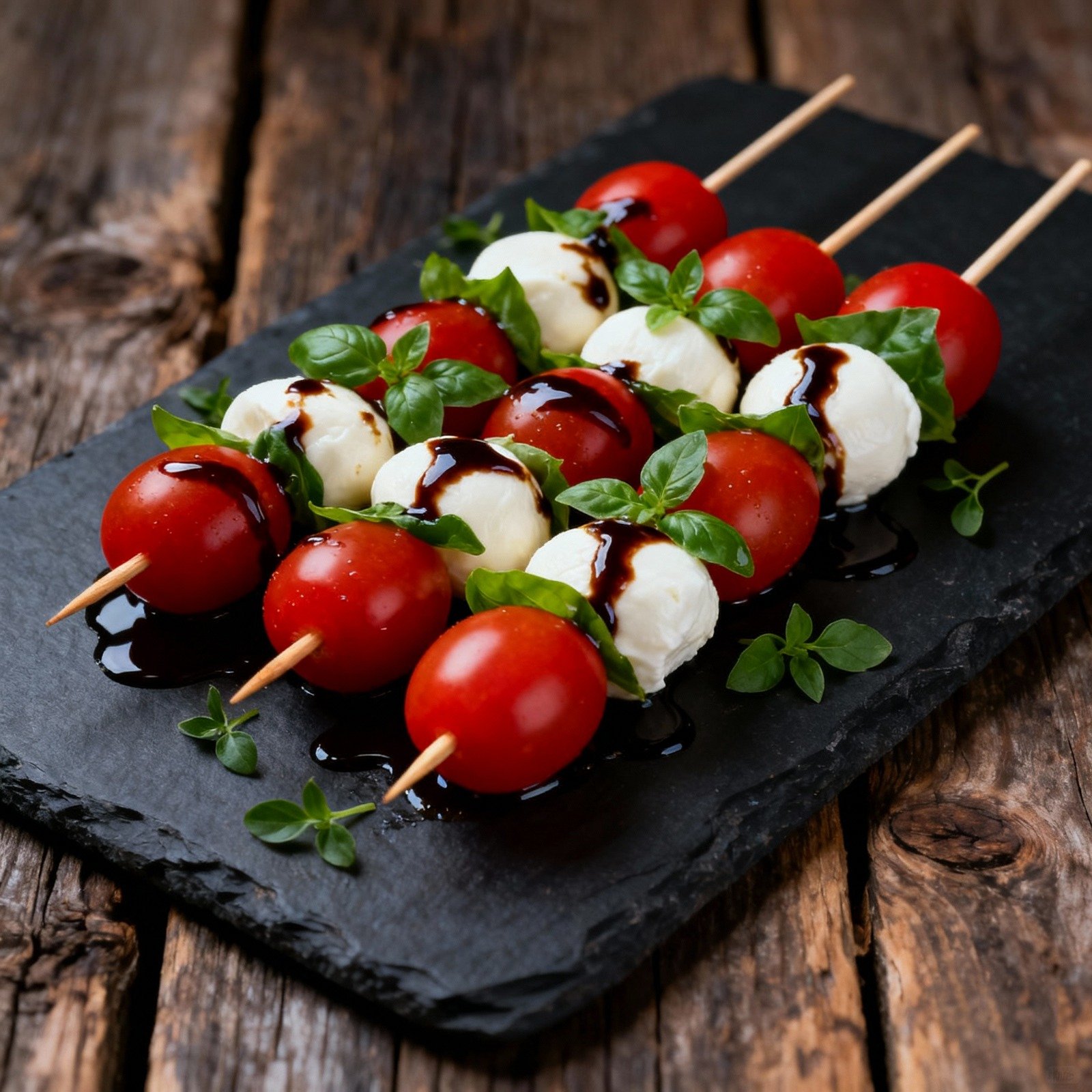 Caprese Skewers, cherry tomatoes and basil.