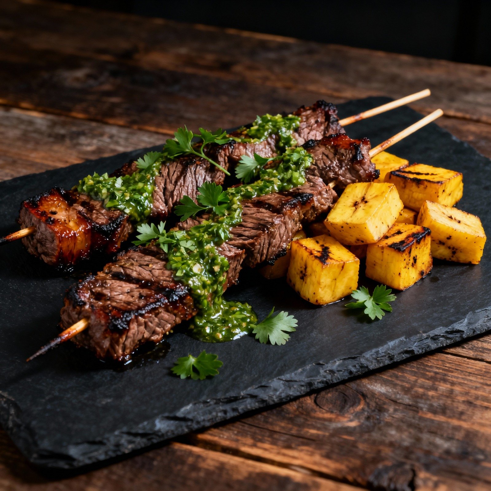 Skirt Steak Skewers with sweet plantain and Chimichurri